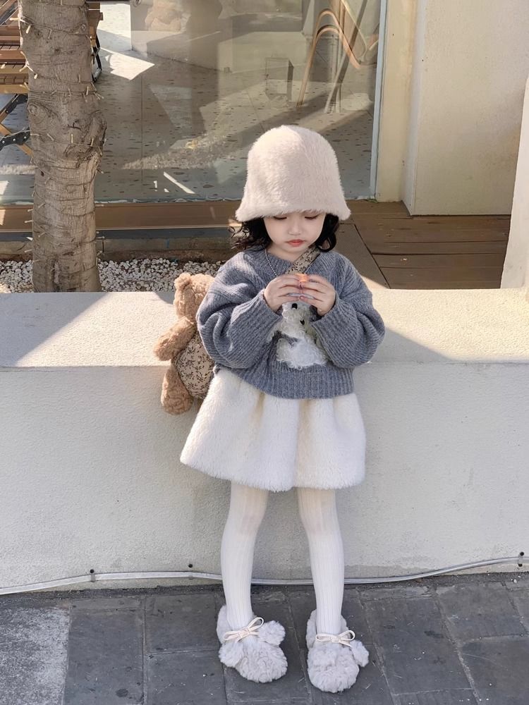 童装新款冬季女童立体可爱小狗毛毛套头针织上衣韩版两件套