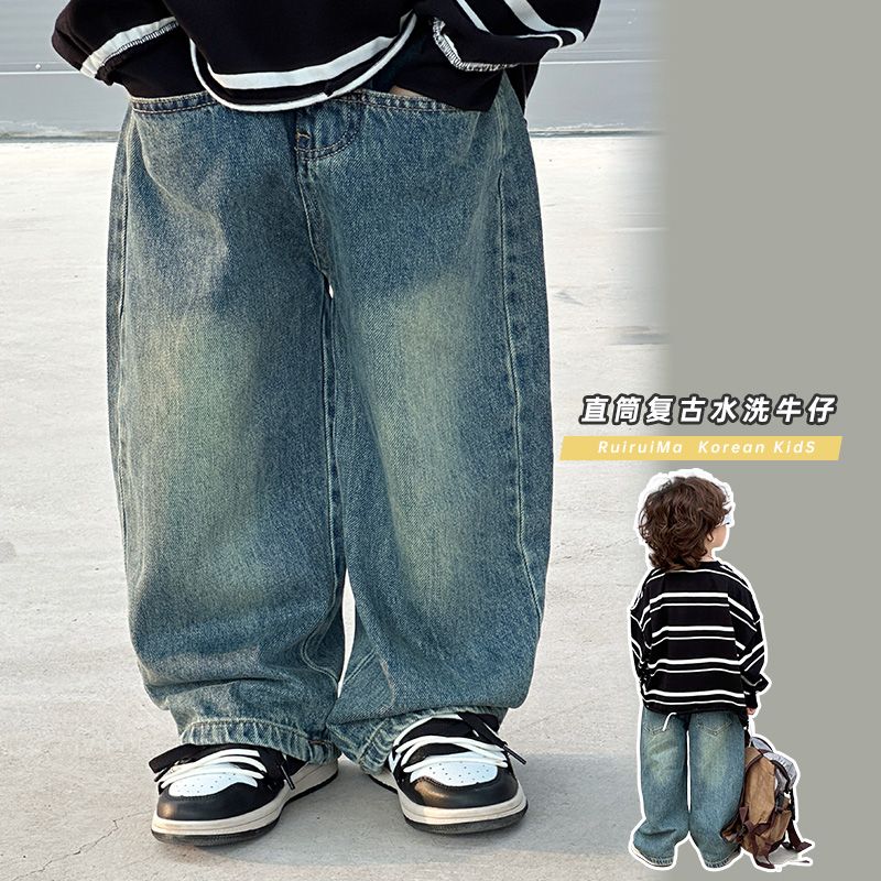 2023秋冬装韩范复古街舞儿童软牛仔裤男童儿童装宽松阔腿直筒长RT