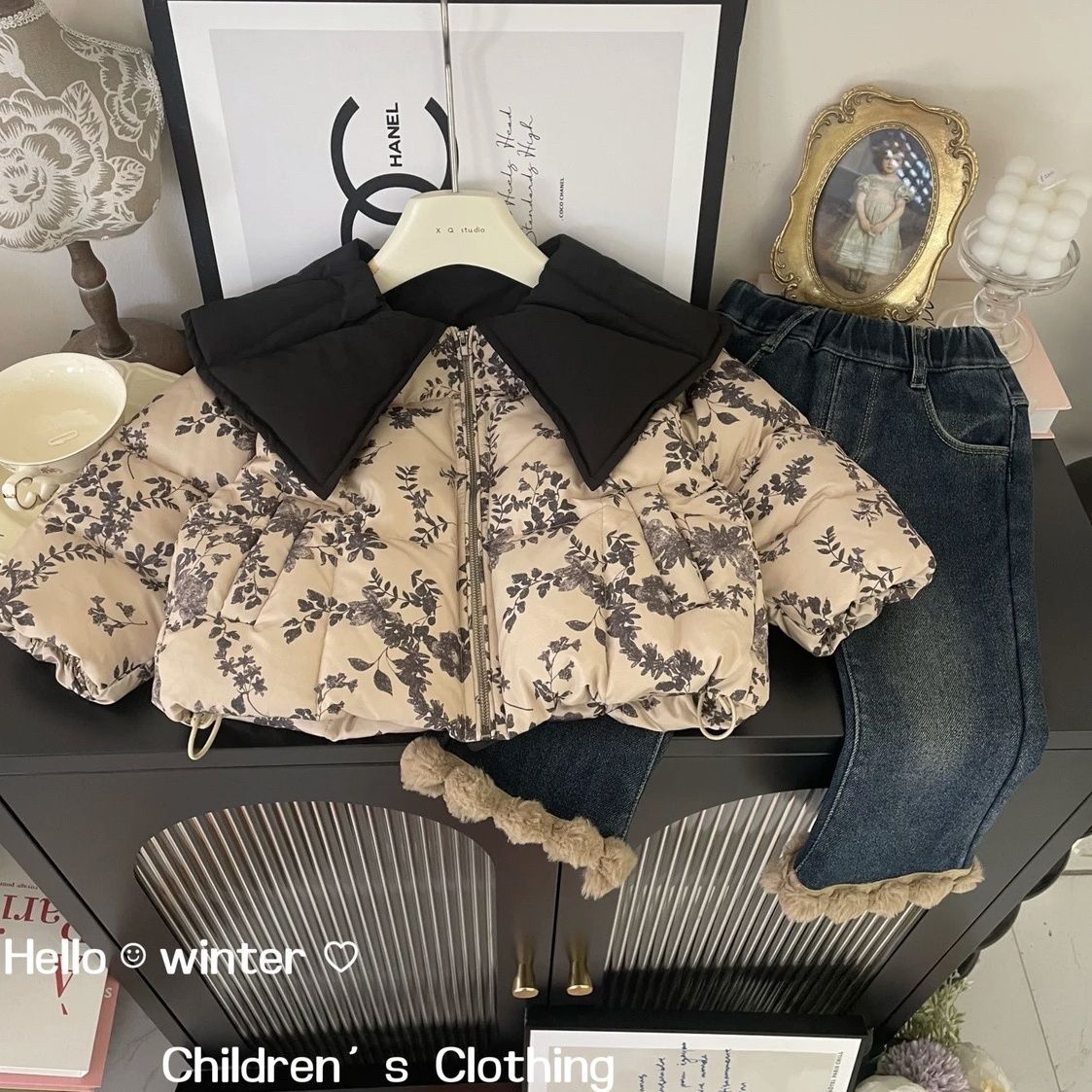 女童冬季碎花棉服加绒裤子2023新款小个子保暖娃娃领夹棉加厚外套