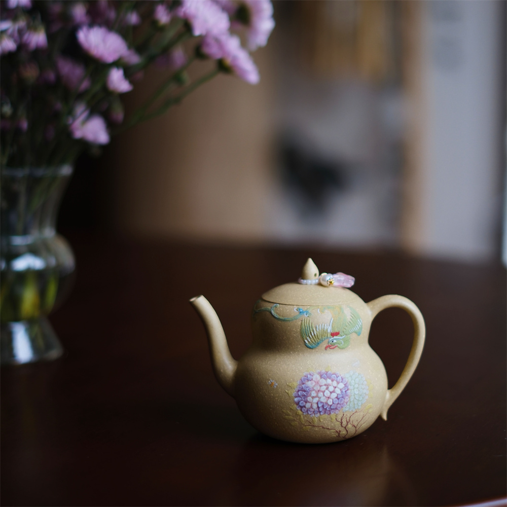 大碗茶器 【灵凤福绣·葫芦壶】黄段宜兴紫砂泥绘原矿泡茶壶170cc