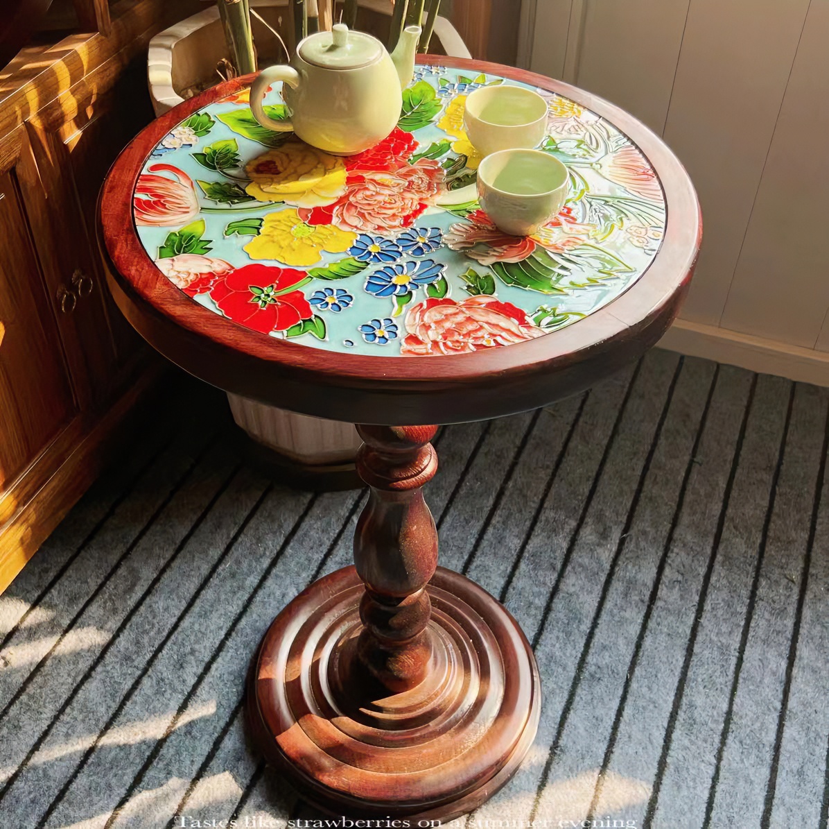 【粤薇】复古桌子刹那芳华-家用榆木榫卯家居装饰瓷板画彩绘收纳