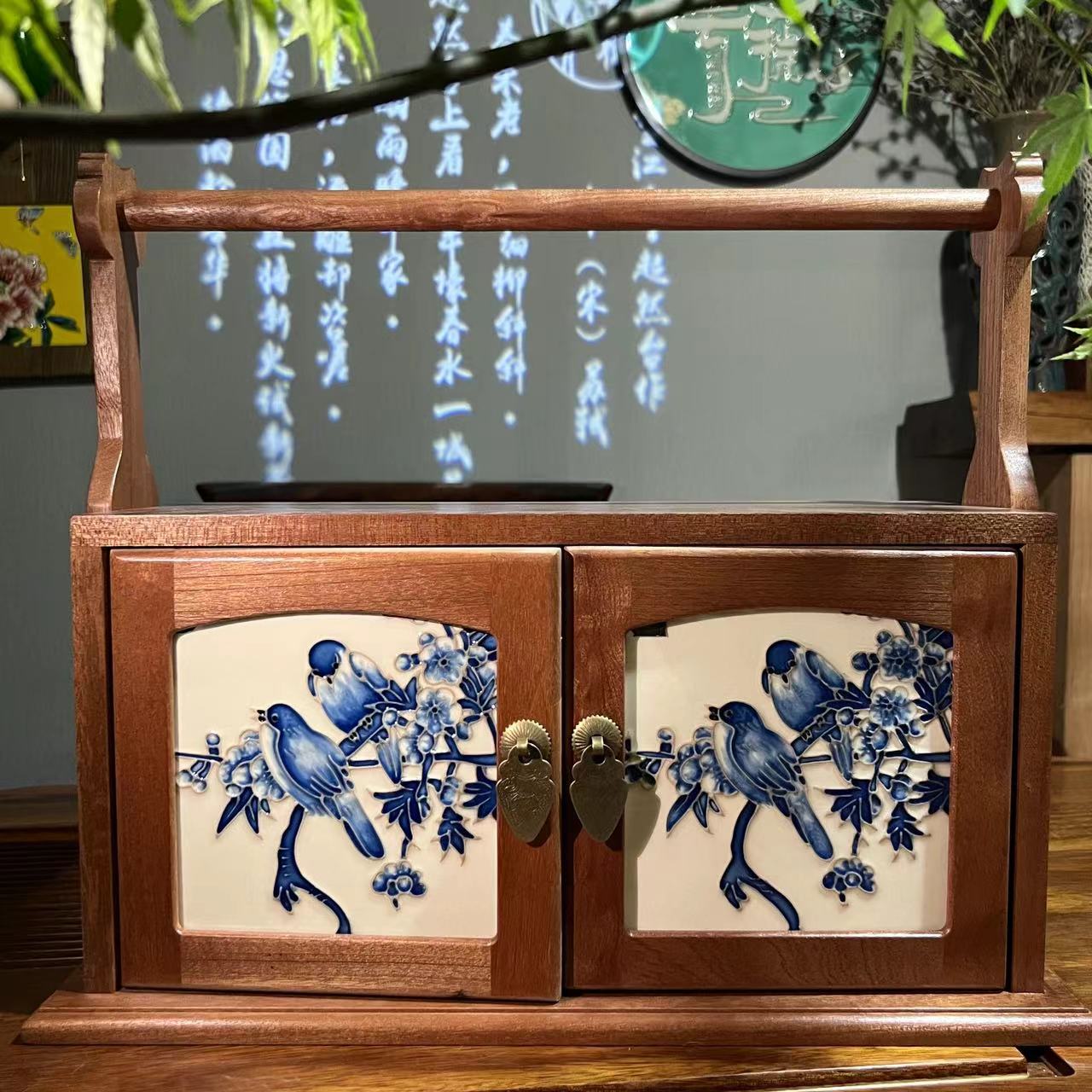 【粤薇】新中式陶瓷复古松弛感精美实木提梁首饰盒茶室家居手绘摆件