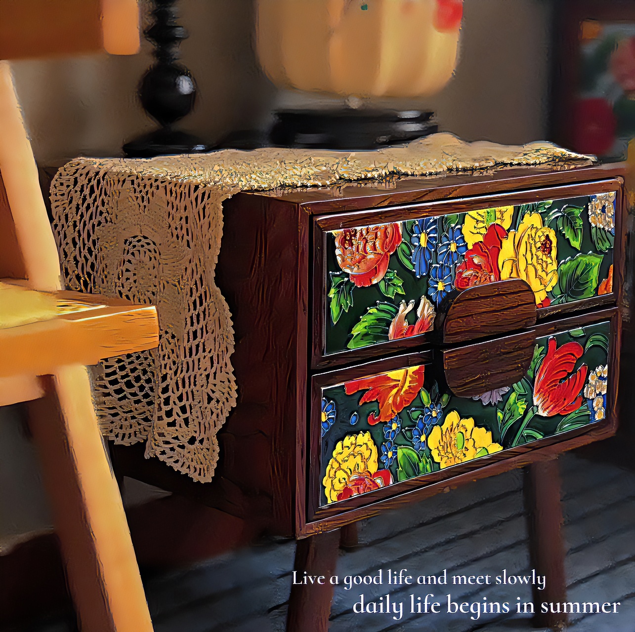 【粤薇】实木瓷板画储物床头柜抽屉收纳家用新中式柜子玄关手绘摆件