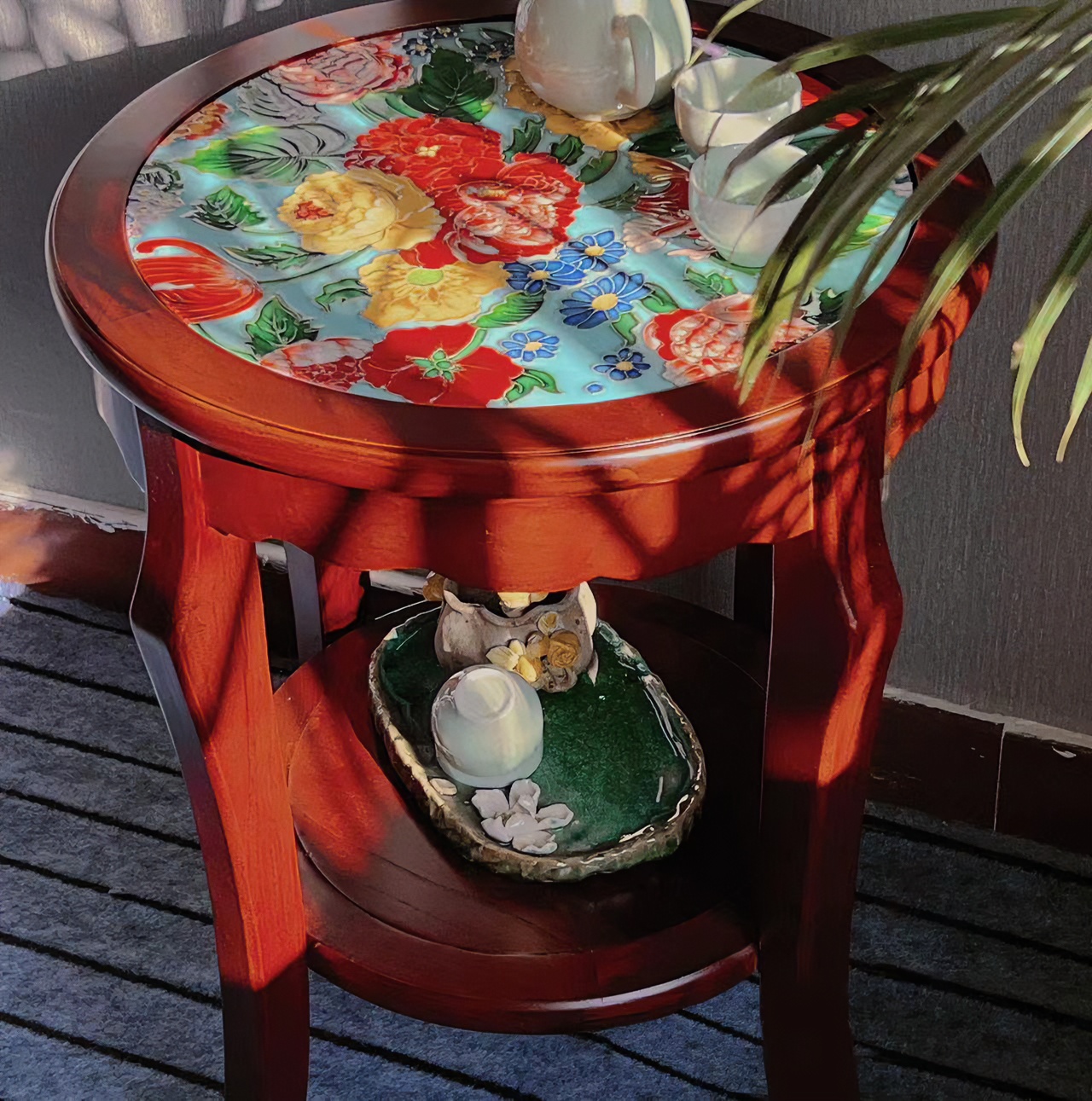 【粤薇】浪漫复古双层圆桌--48*60瓷板画家用新中式茶室收纳摆件