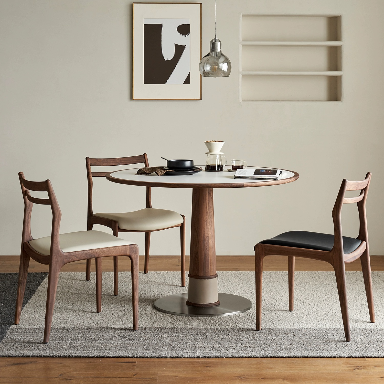 竹蜻蜓小户型北美黑胡桃木岩板实木圆餐桌家用饭桌圆