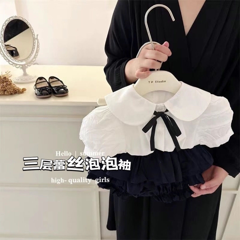 女宝宝套装夏季新款女童学院风蝴蝶结娃娃领衬衫蛋糕半身裙套装潮
