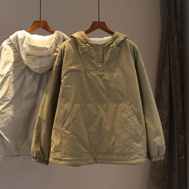 秋冬宽松休闲连帽卫衣式棉服女加厚保暖套头短外套