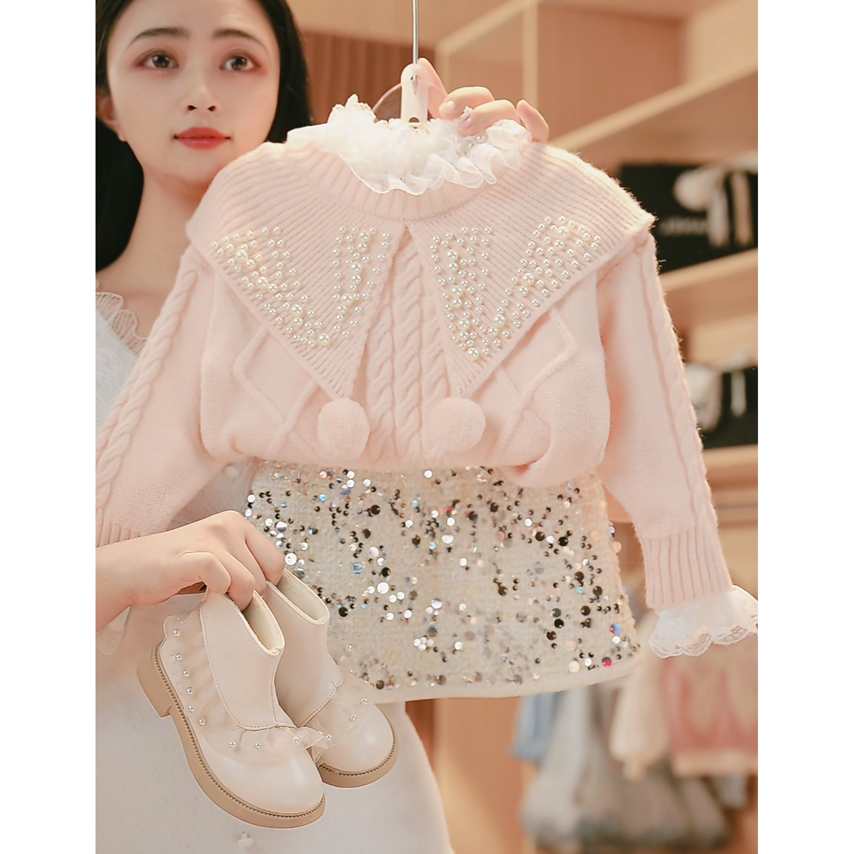 【媛媛妈专属】秋冬季女童新款洋气针织上衣女孩甜美钉珠大翻领毛衣