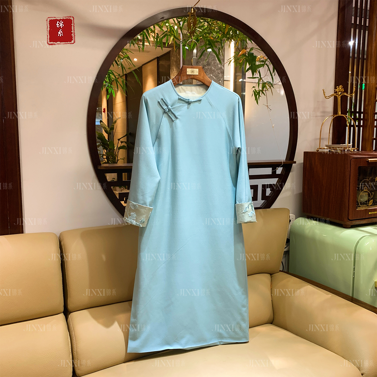 【锦·系】L-31441新中式国风桑蚕丝圆领长袖休闲时尚连衣裙