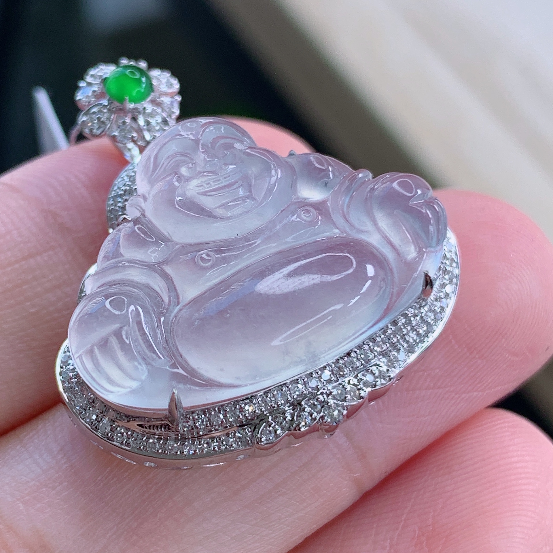 天然缅甸A货翡翠冰种冰透佛公镶嵌18k金吊坠