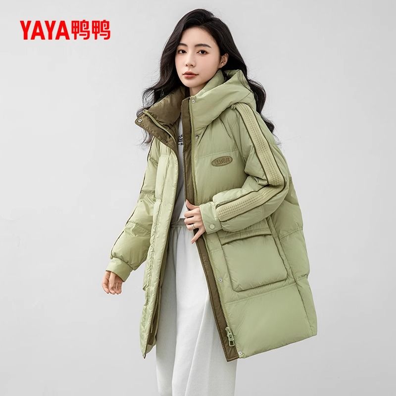 鸭鸭羽绒服女士2024秋冬新品中长款连帽撞色拼接加厚YE3B627605H