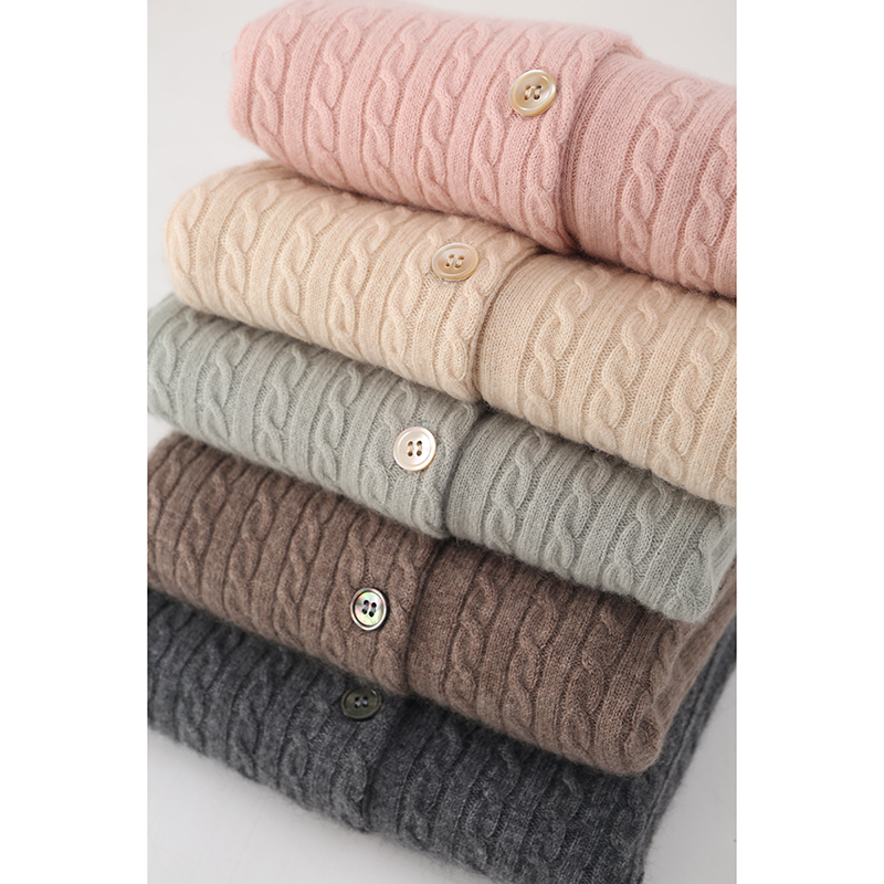 FANGJI Chao减龄！羊 绒开衫圆领小麻花 春季新款羊绒短款外套女