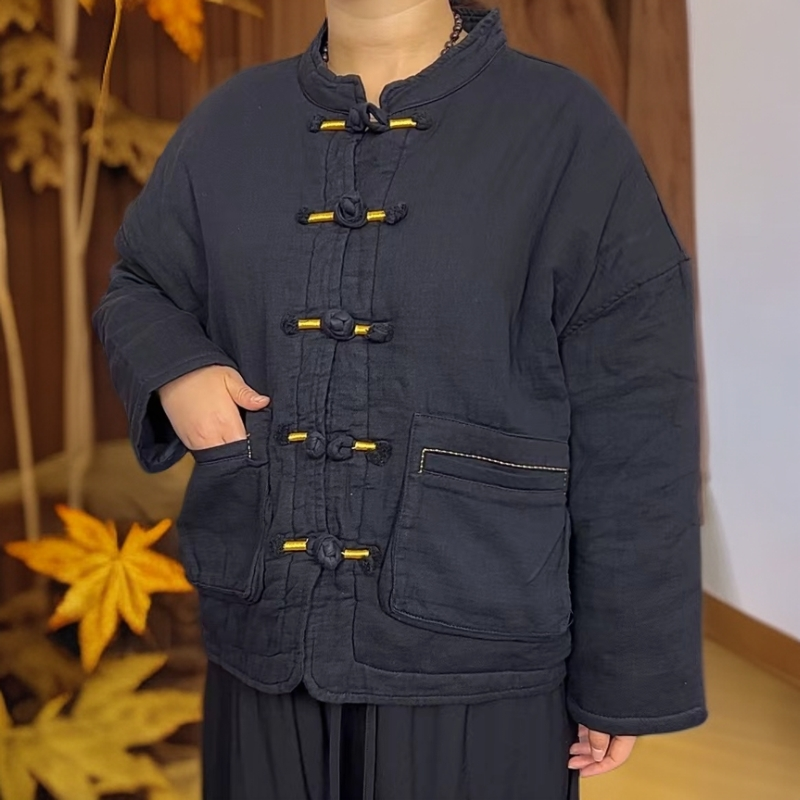 【棉娃原创】冬款棉麻中开彩色盘扣棉袄