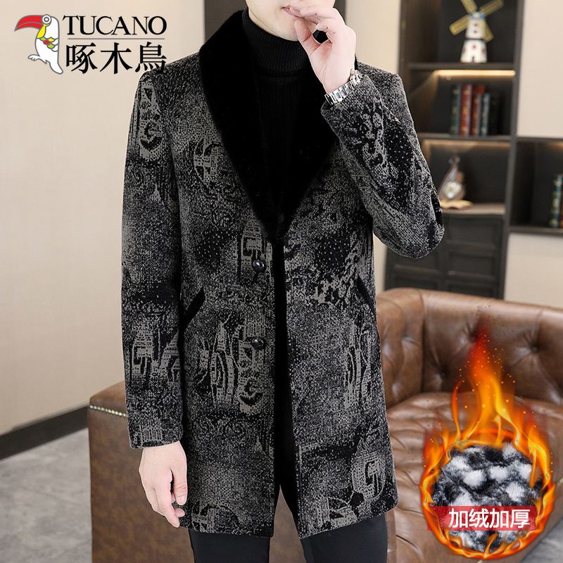 啄木鸟男士风衣呢子外套中长款加绒加厚冬季毛领毛呢大衣休闲帅气
