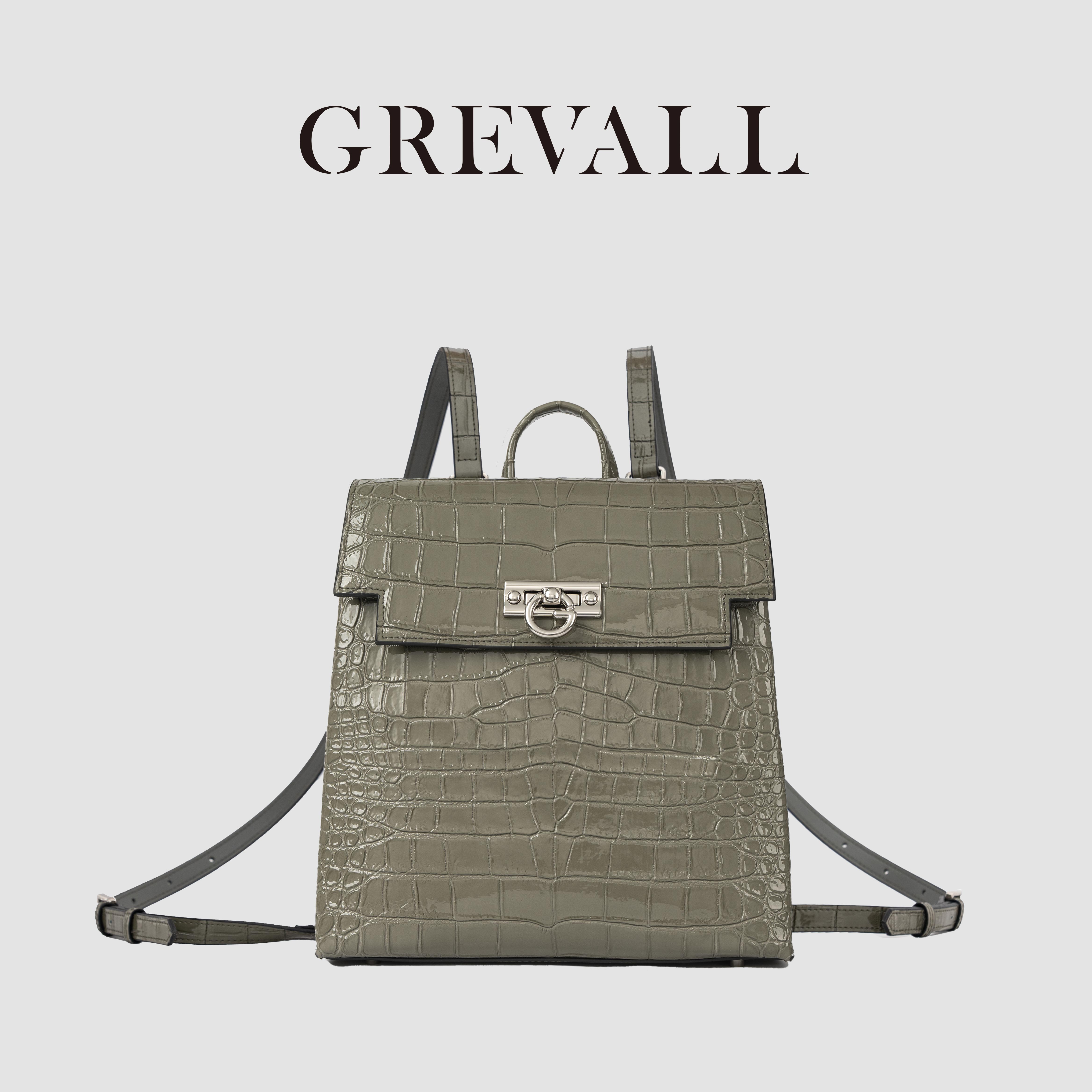 绿谷时尚新款轻奢双肩背包单肩包手提斜挎牛皮女包7016灰色