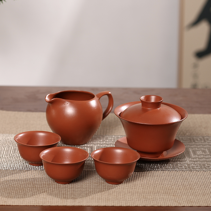 潮州朱泥薄胎手拉盖碗复古三才工夫茶陶瓷防烫简约家用盖碗茶杯