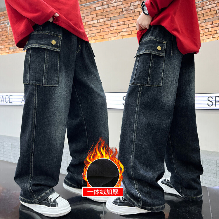 儿童装男童裤子秋冬款2023新款中大童加绒加厚男孩冬季阔腿牛仔裤