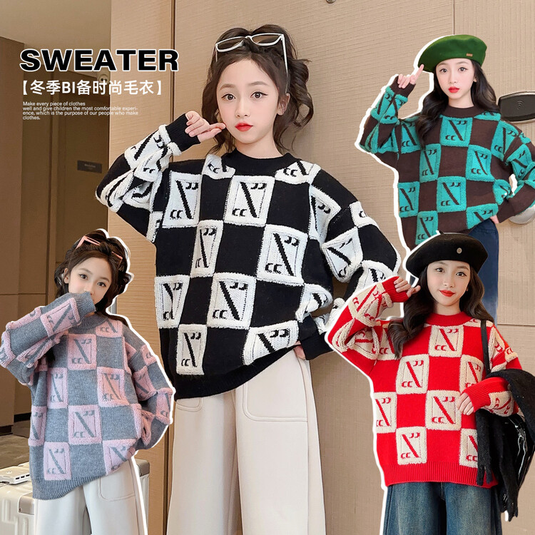 女童毛衣冬款2023新款儿童加绒新年衣服秋冬小女孩加厚针织衫上衣