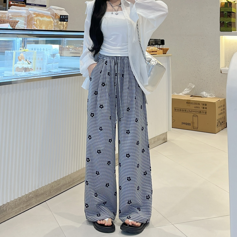 2024夏季百搭松紧腰宽松阔腿拖地裤太阳花高腰垂感裤子格纹休闲裤