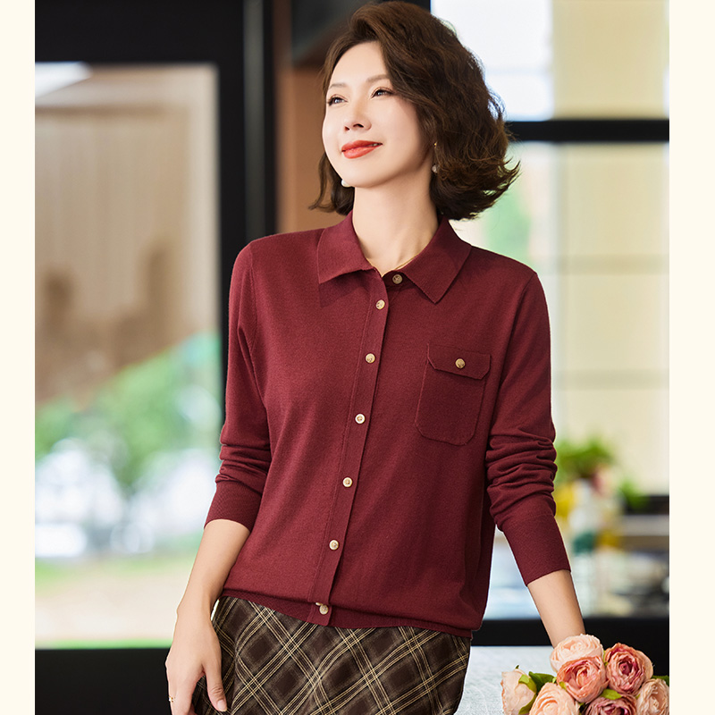 中年妈妈秋装针织衬衫2024新款polo翻领薄款毛衣春秋外穿长袖上衣