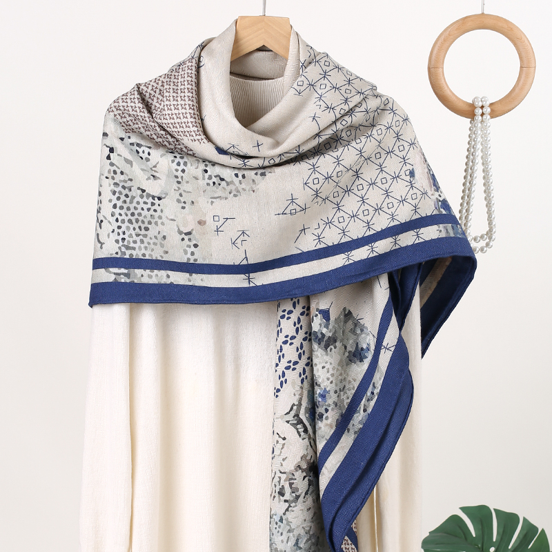 真丝羊毛围巾桑蚕丝大方巾中国风印花披肩秋冬保暖围脖礼盒装送礼