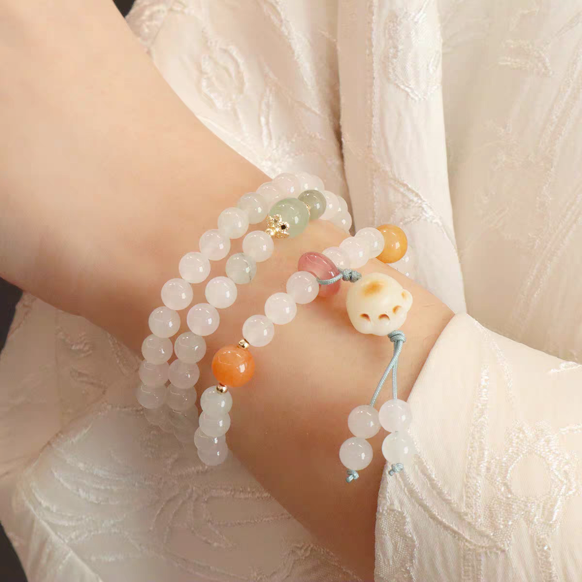 【华之京】金丝玉天山翠菩提手串 多圈国风6mm圆珠百搭手链H3207