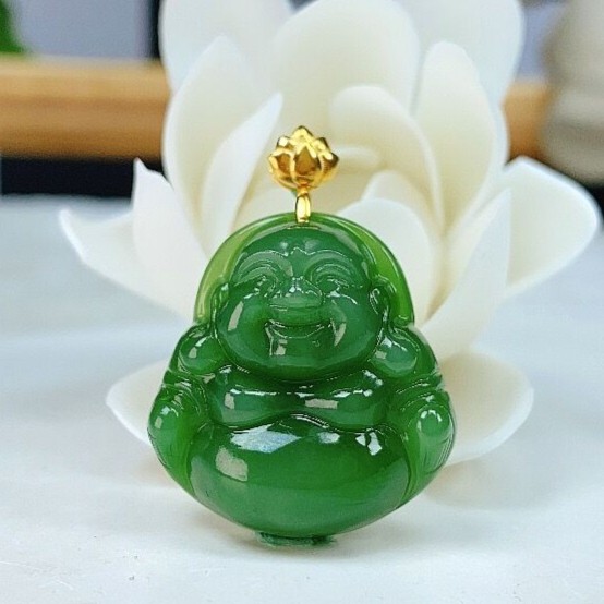 【精选推荐】和田玉碧玉佛公(不含链) 18K金扣头 天然和田玉
