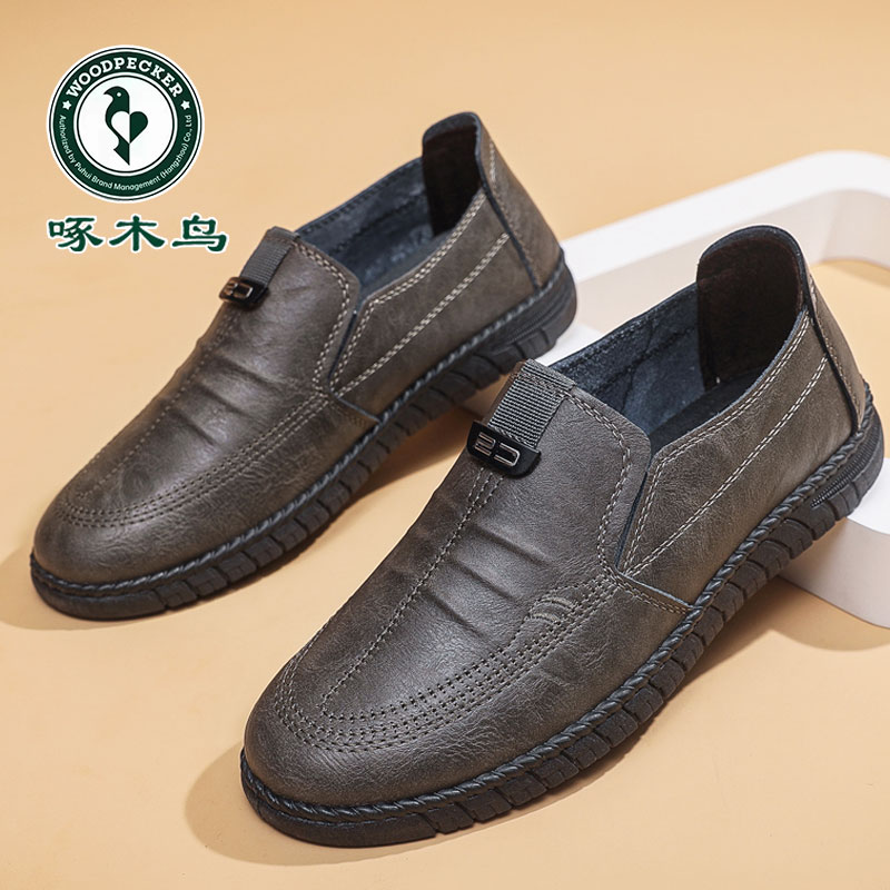 啄木鸟新款男鞋秋季新款软底皮鞋男真皮休闲鞋脚蹬防滑皮鞋爸爸鞋