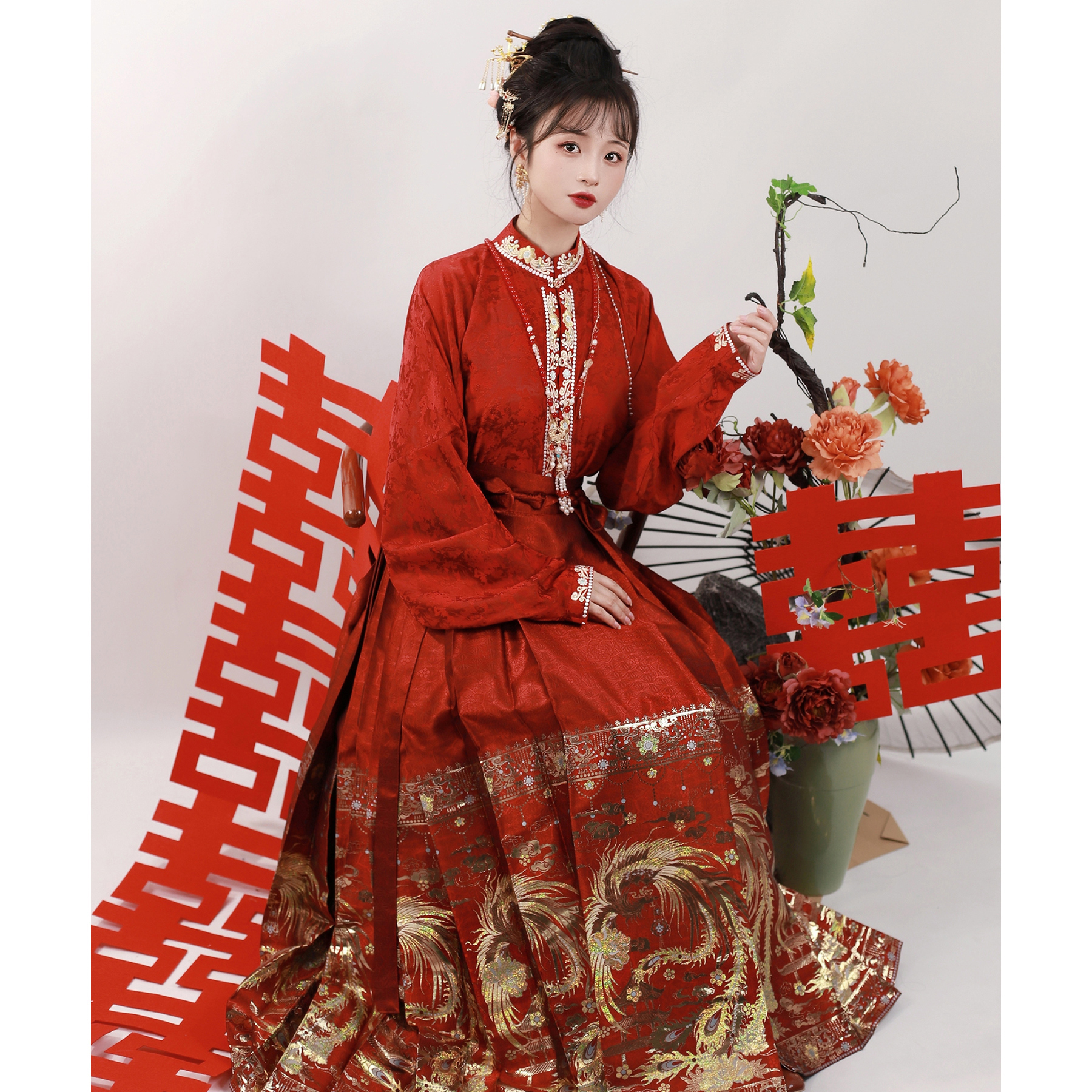 揽风华阳阳【凤羽】原创设计汉服明制织金马面裙新中式婚服敬酒服