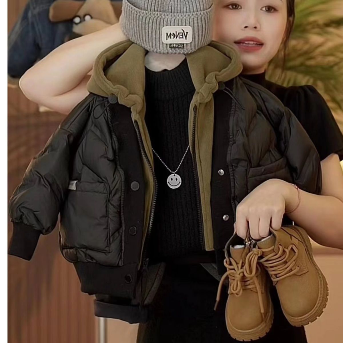 新款男童帅气棉服2023冬季新款外套连帽假两件加厚棉衣男宝冬装潮