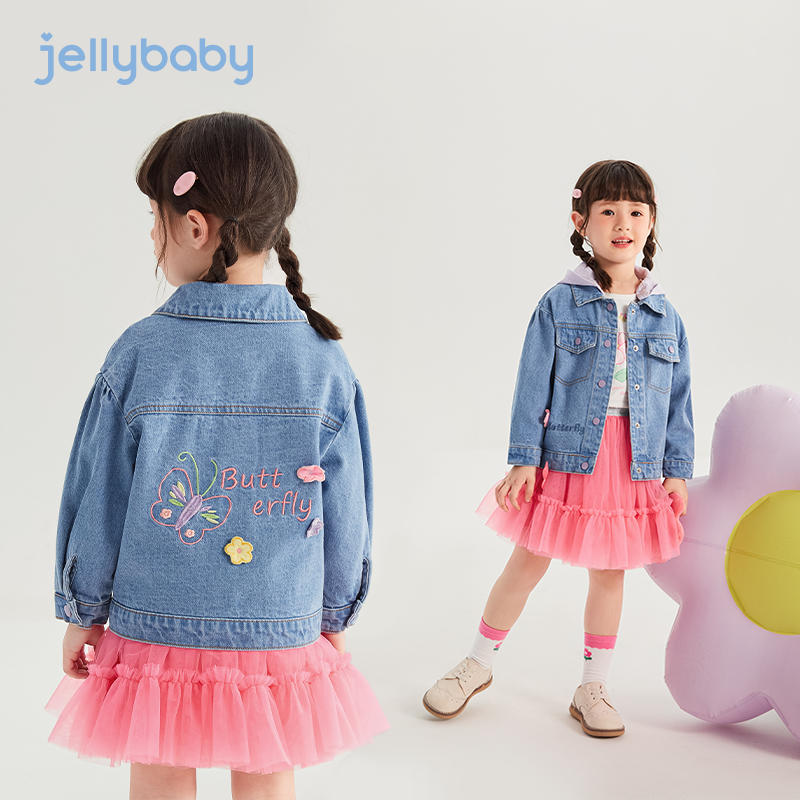 杰里贝比女童外套儿童连帽牛仔衫春秋女孩时髦上衣新款 JJG41660