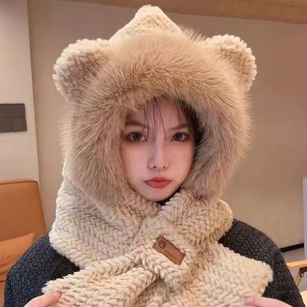 【小扬哥推荐】季韩版可爱小熊耳朵毛绒帽子围巾一体两件套女加绒