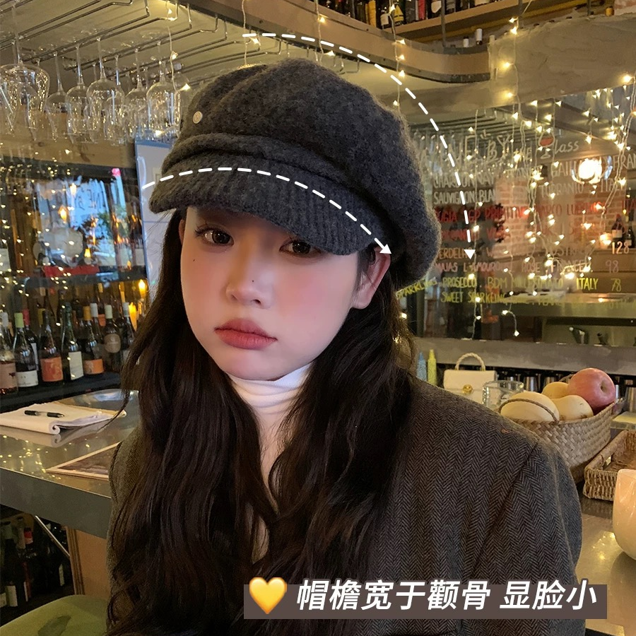 秋冬季保暖小香风毛绒贝雷帽大头围显脸小报童帽黑色帽子画家帽