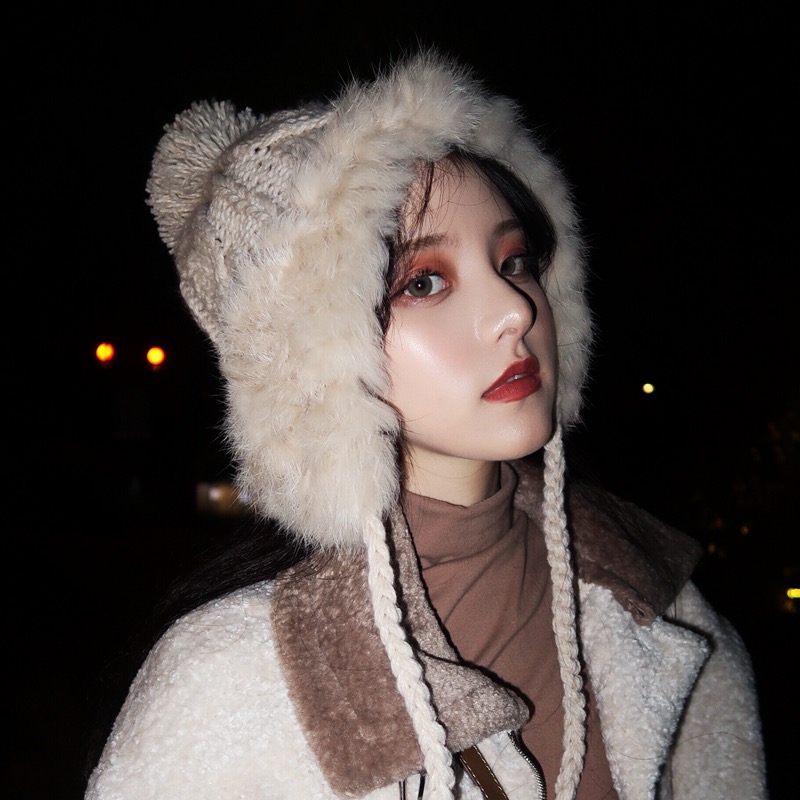 显脸小帽子女秋冬冬天韩版潮百搭加绒兔毛针织帽保暖针织毛线帽子