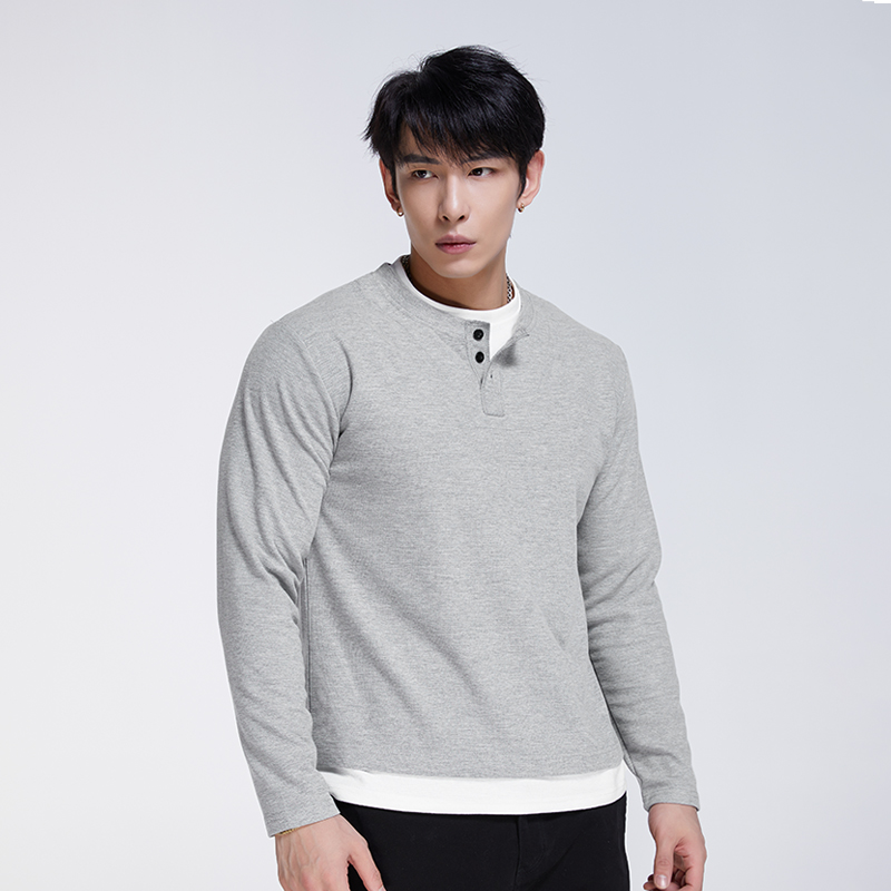 【假两件亨利领长袖】美式休闲华夫格t恤宽松圆领拼接上衣男士打底