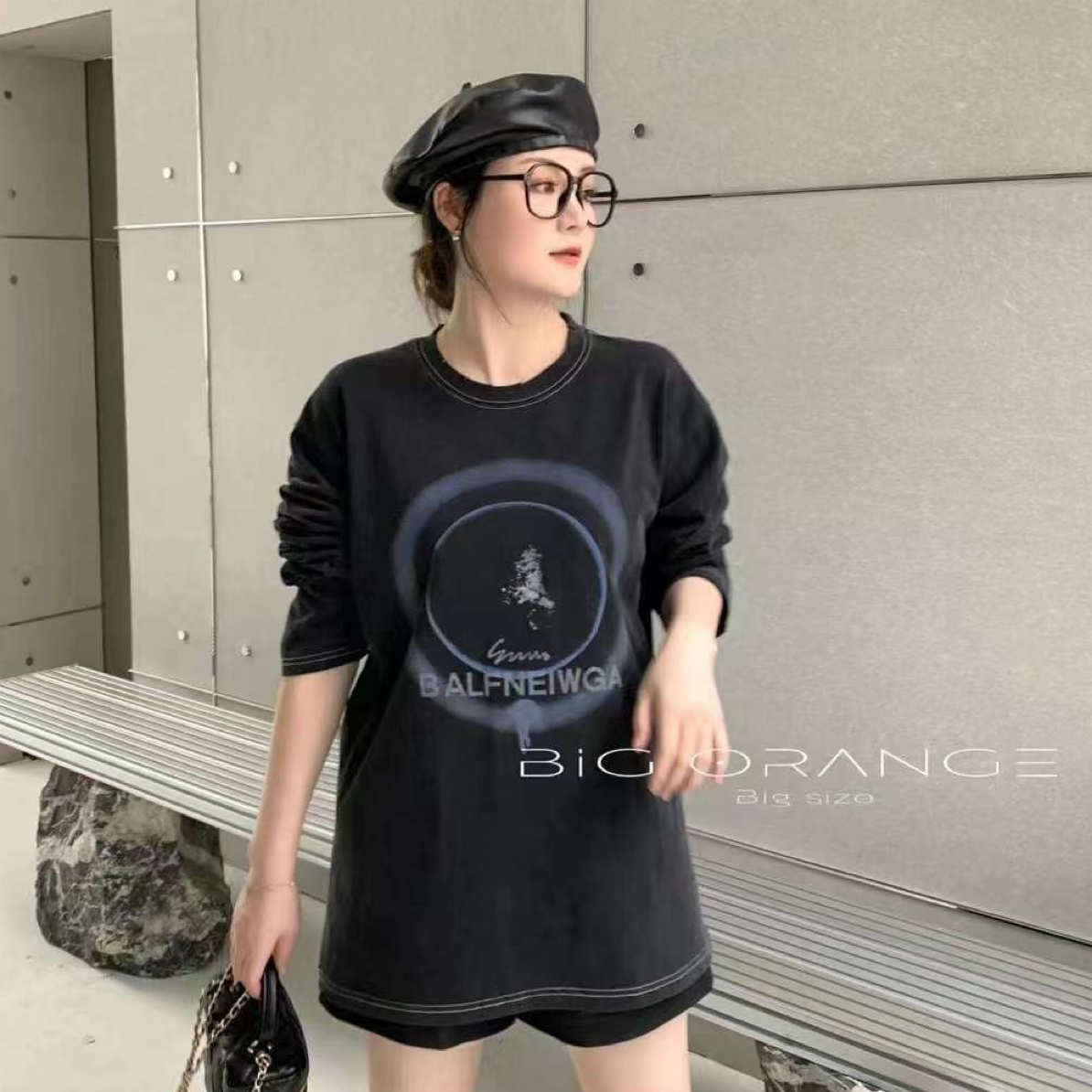 工艺黑色润染宽松显瘦洋气长袖体恤