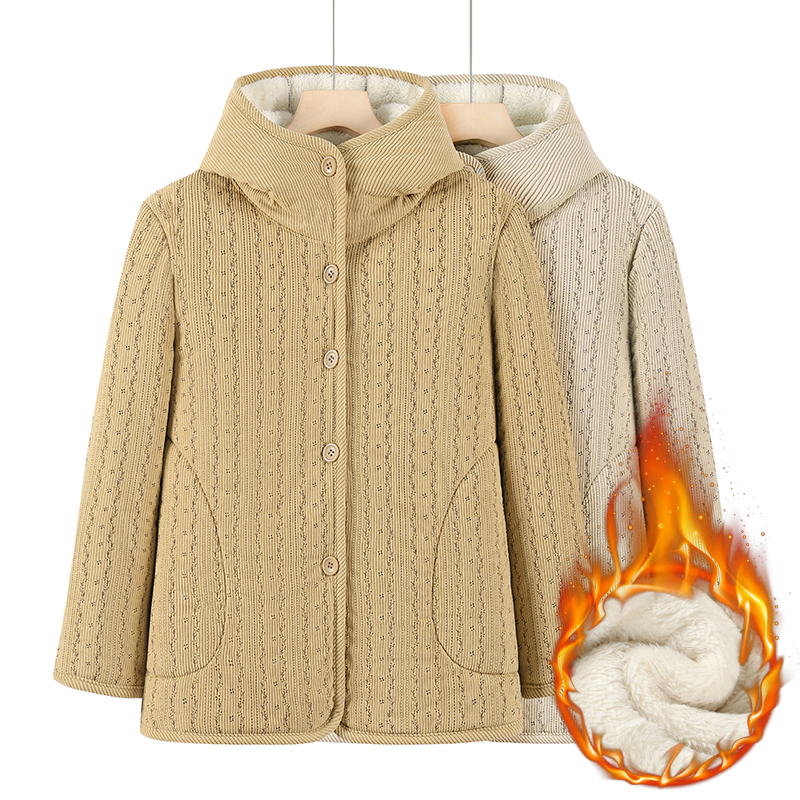 冬季加绒加厚灯芯绒棉衣时尚百搭保暖连帽棉袄外套保暖棉服