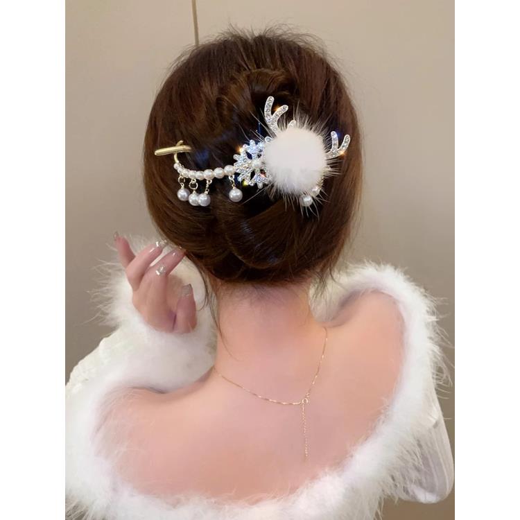 气质闪钻毛球发夹一字夹女后脑勺雪花鹿角抓夹高级感圣诞头饰发夹