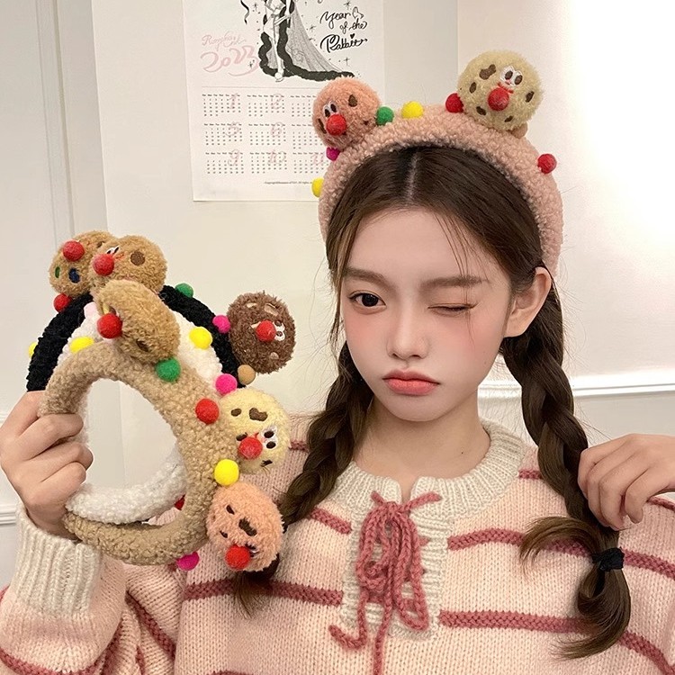 秋冬丑萌曲奇卡通毛绒洗脸发箍女可爱搞怪敷面膜化妆发卡头箍发饰
