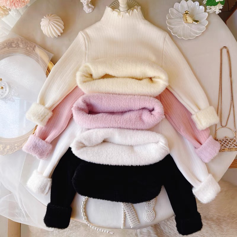 女童毛衣秋冬新款女孩打底加绒加厚半高领纯色百搭潮流女宝一体绒