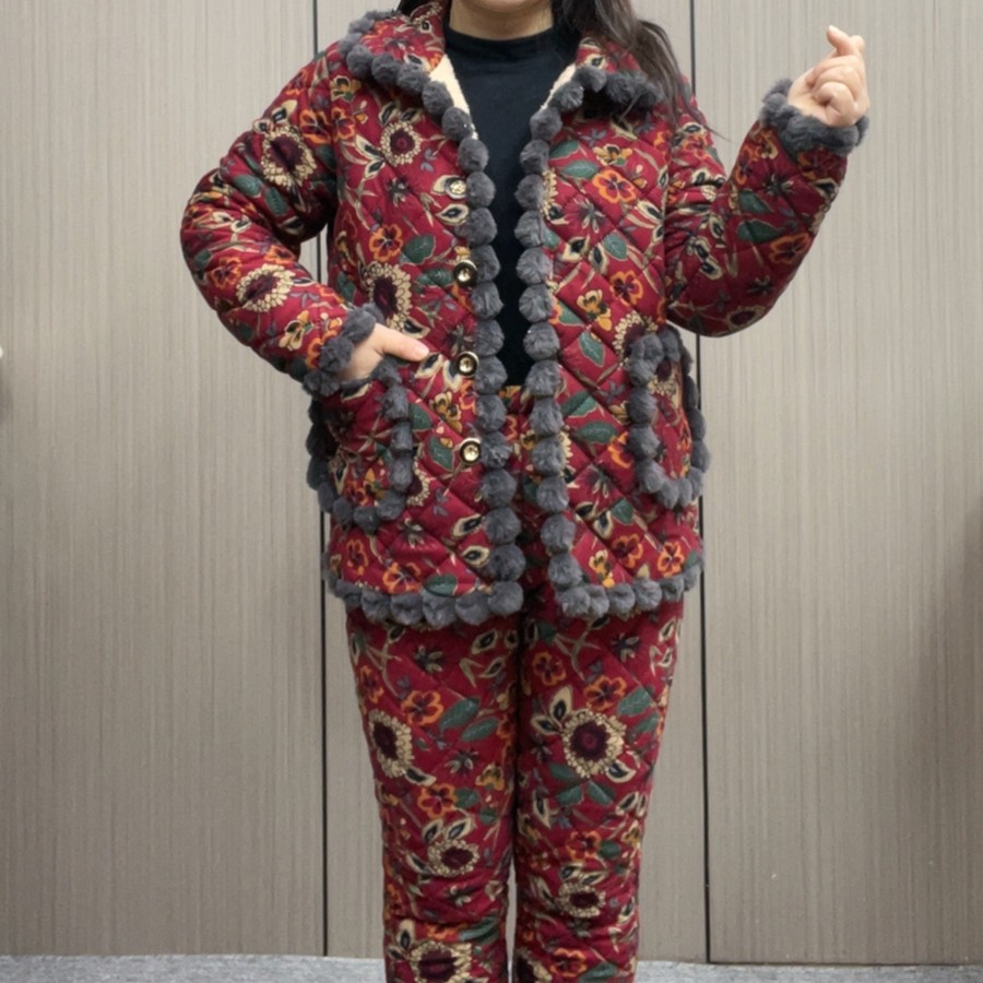 棉袄印花外套妈妈冬装棉衣棉裤套装中老年人加绒加厚棉袄两件套