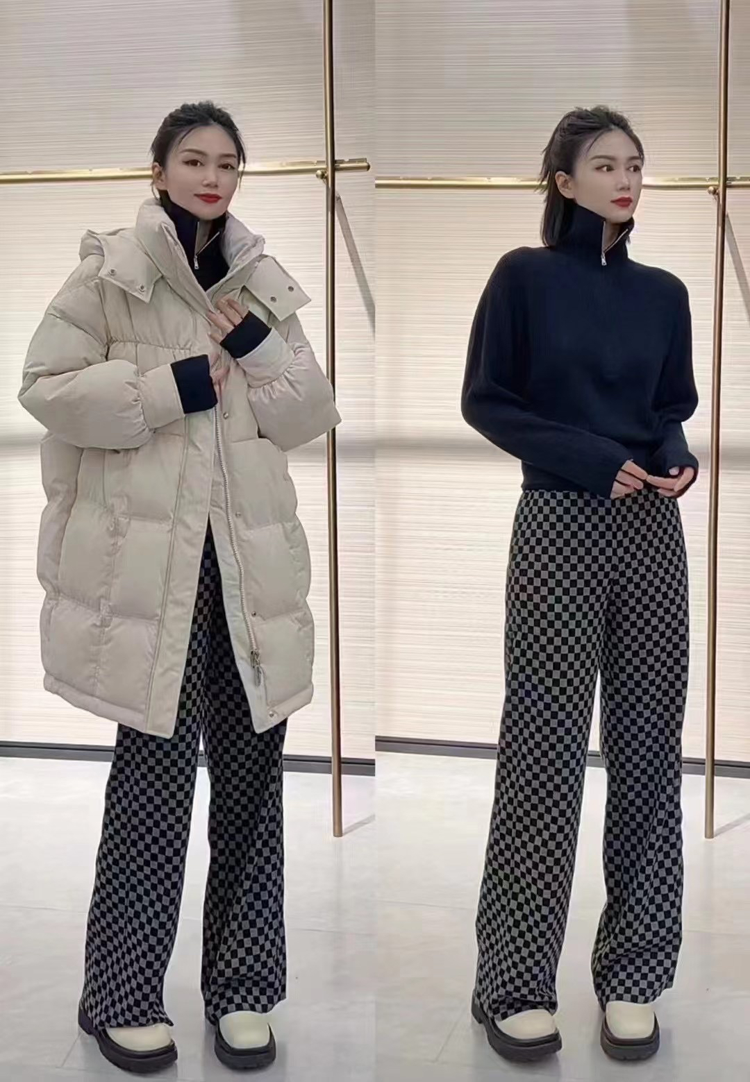 玛丝恩迪格子窄版阔腿裤