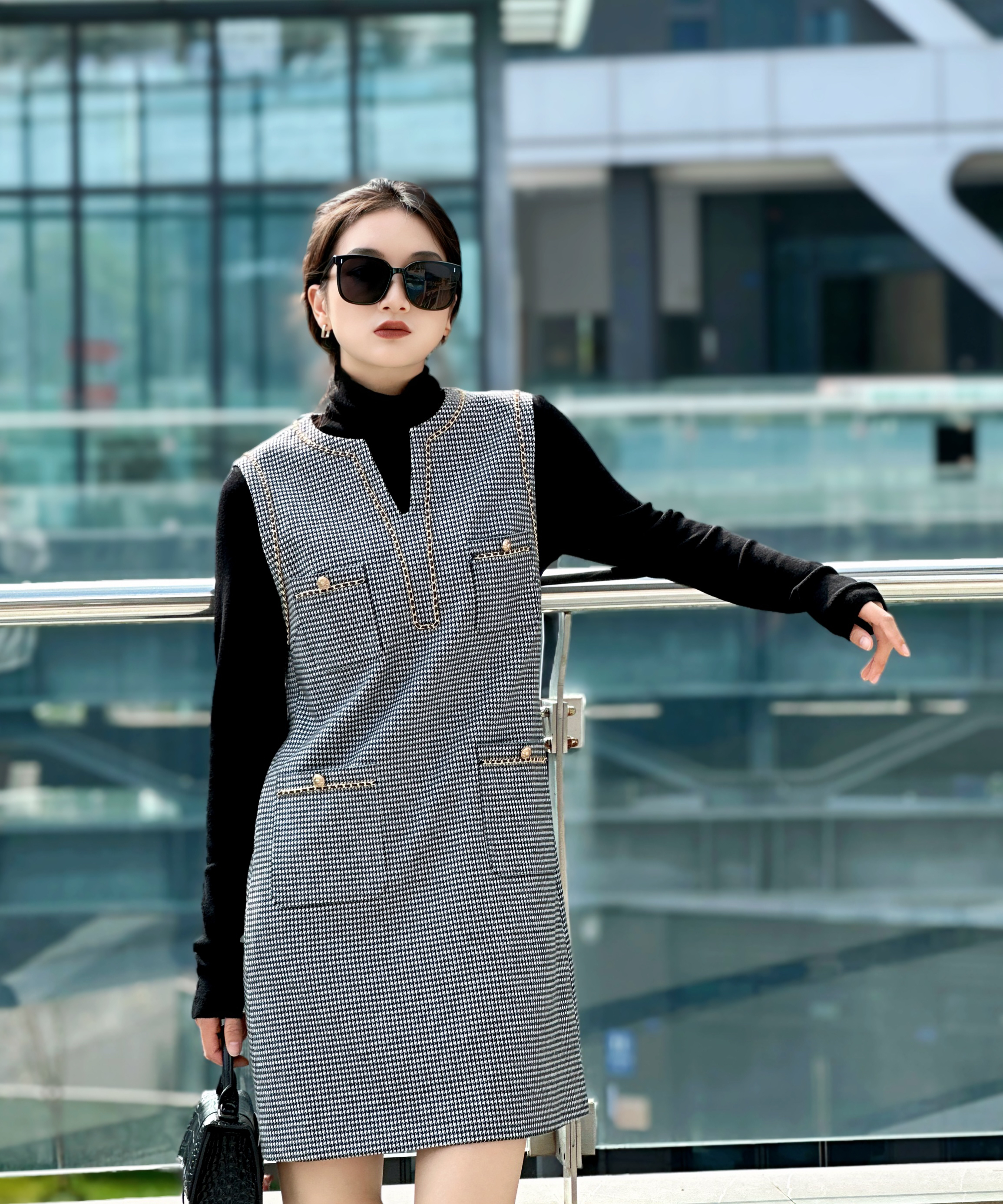 玛丝恩迪新款千鸟格小香连衣裙