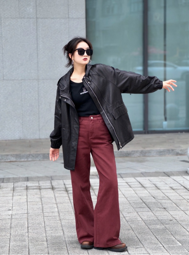 玛丝恩迪显瘦直筒复古安可拉红牛仔裤