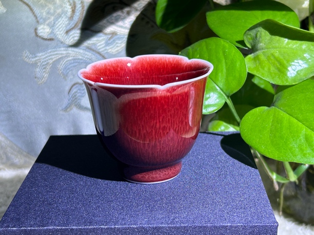 景德镇玉郎亭陶瓷手绘盏杯主人杯花口闻香杯茶杯胭脂红品茗杯茶具