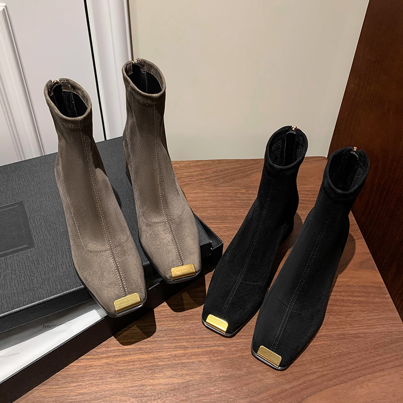 【尤金】短靴女高跟方头瘦瘦靴后拉链弹力靴女单靴百搭显瘦 F1709-5