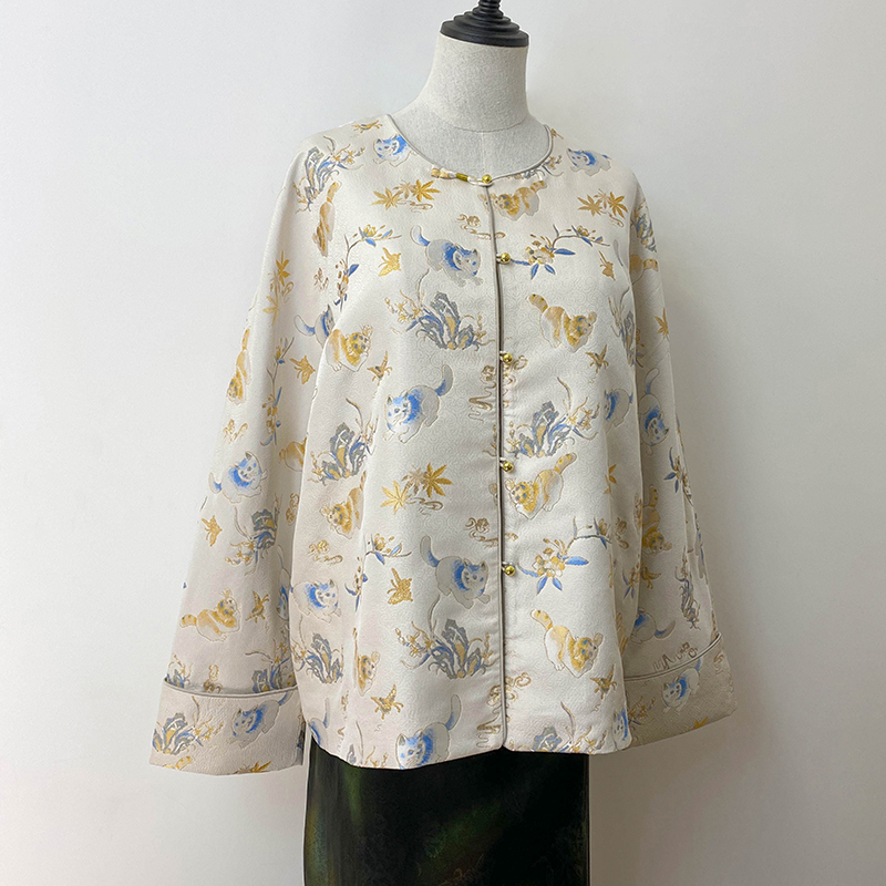 【猫戏蝴蝶】复古中式改良时尚提花米白色百搭休闲圆领真丝宋锦外套