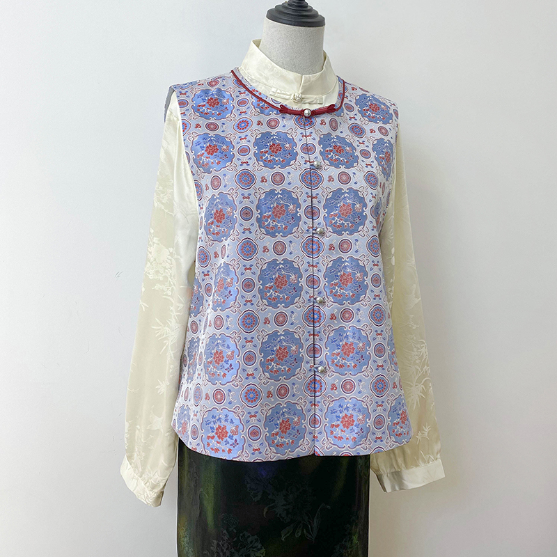 【四季花】真丝国风新中式改良紫色提花端庄大气时尚圆领无袖马甲