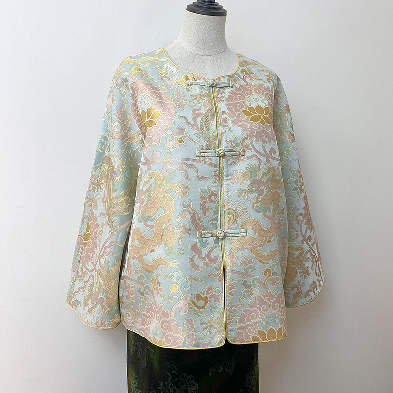 【龙腾莲花】新中式复古时尚提花重磅真丝外套圆领对襟长袖秋季女装