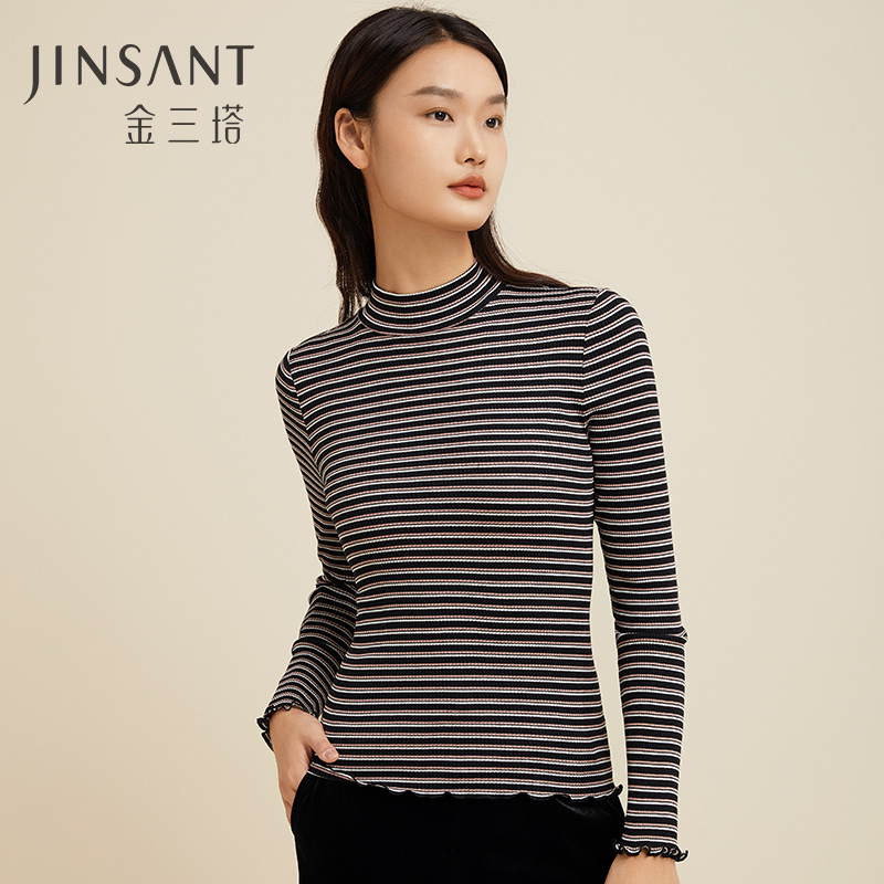 桑蚕丝棉混纺条纹半高领中领打底开衫保暖上衣秋衣打底衫长袖内搭